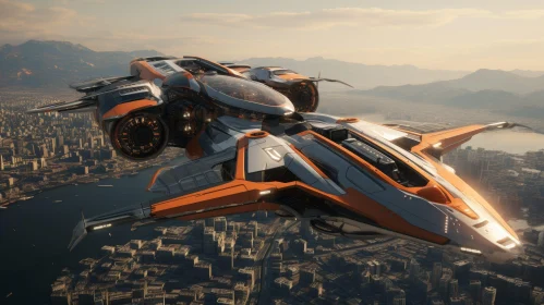 Futuristic Spaceship Flying Over City