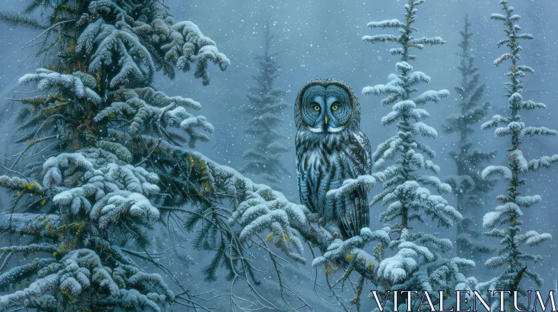 Great Gray Owl in Snow-Covered Tree Painting AI Image