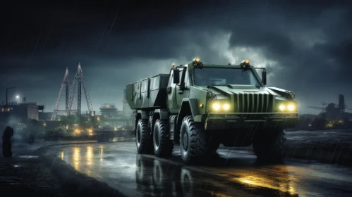 Green Military Truck Driving on Wet Road at Night