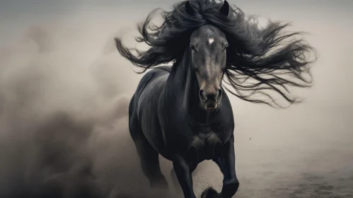 Majestic Black Horse Running in Field