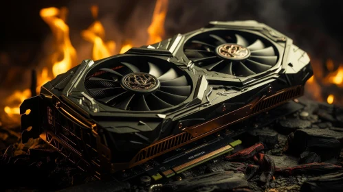 Modern Graphics Card with Green Glowing Fans and Fire
