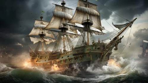 Pirate Ship Sailing in Stormy Sea - Digital Painting Adventure