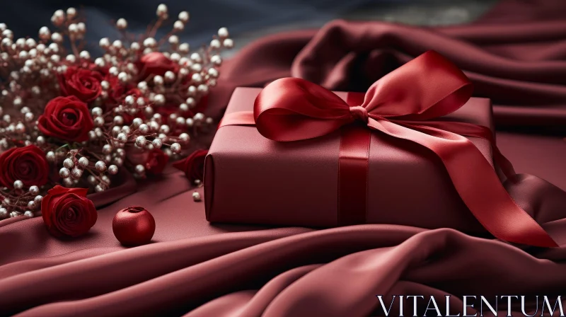 Red Gift Box with Ribbon on Satin Background AI Image