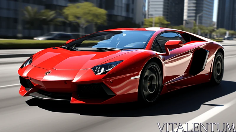 Red Sports Car Riding Down the Road Next to Tall Buildings AI Image