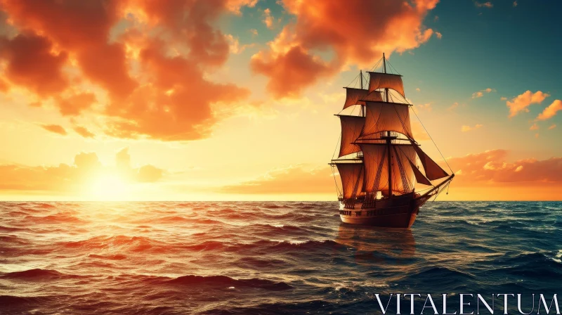 Sailing Ship at Sea - Sunset Painting AI Image