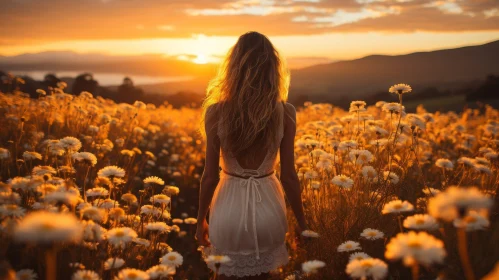 Serene Sunset Scene with Woman in White Dress and Daisies