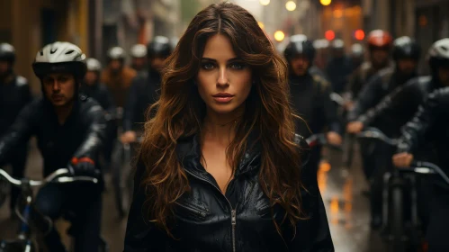 Serious Young Woman in Black Leather Jacket on Motorcycles Background