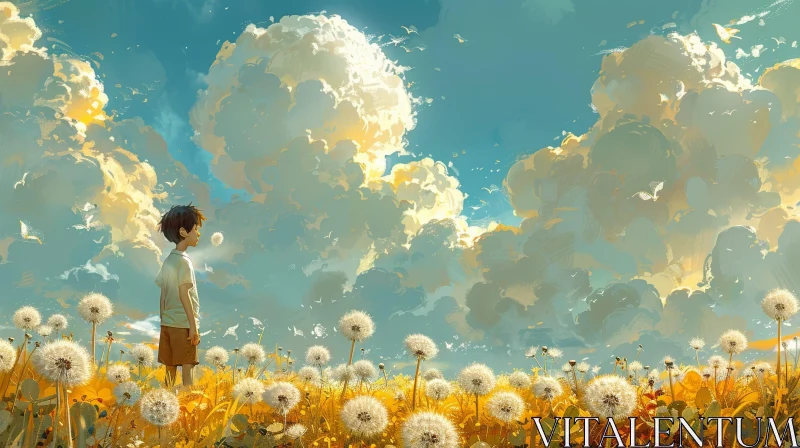 Tranquil Landscape with Dandelion Field AI Image
