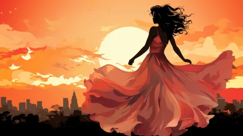 Woman in Red Dress at Sunset