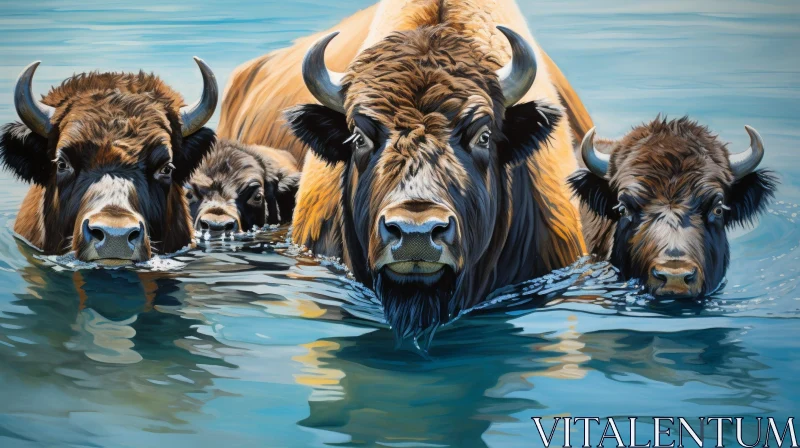 American Bison River Wildlife Painting AI Image