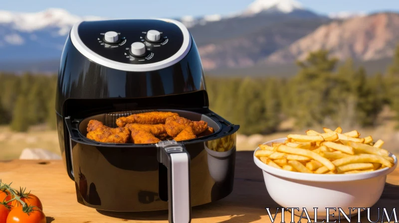 AI ART Black Air Fryer with Chicken Wings and French Fries on Wooden Table