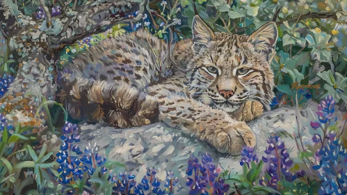Bobcat in Bluebonnets Oil Painting