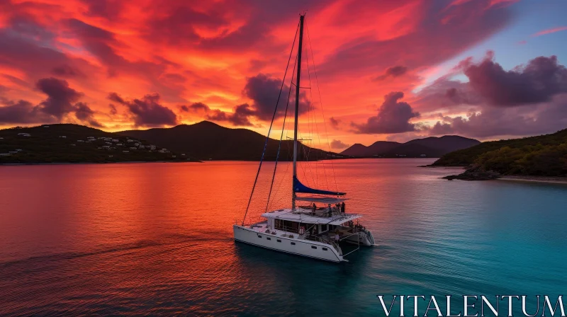 Breathtaking Sunset over the Sea: Catamaran and St. John Island View AI Image