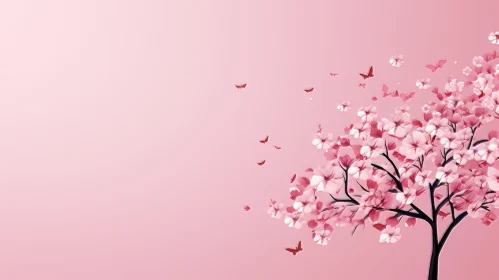 Cherry Blossom Tree and Butterflies on Pink Background
