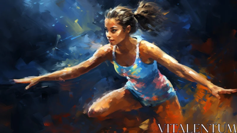 Dynamic Woman Runner Painting in Blue and Pink Leotard AI Image