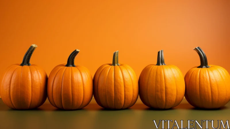 Five Pumpkins on Green Surface Against Orange Background AI Image