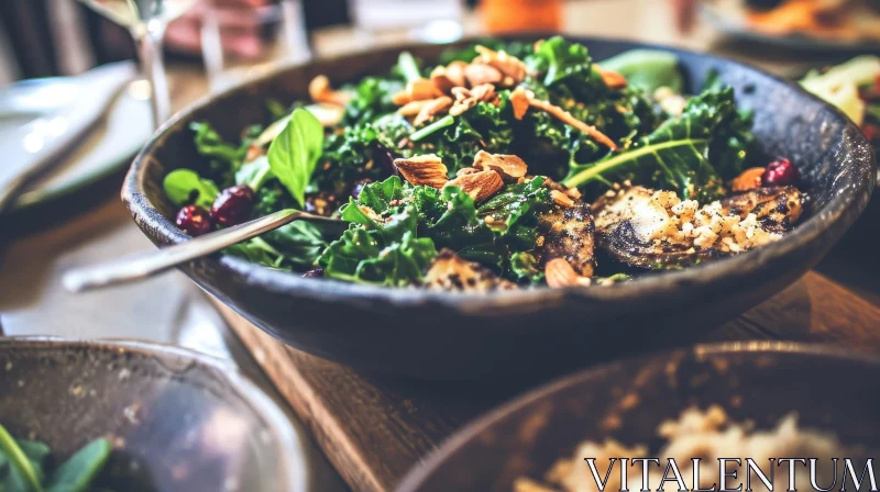 Fresh and Healthy Kale Salad on Wooden Table AI Image