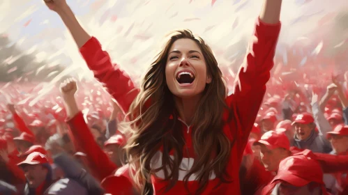 Joyful Woman in Red Tracksuit Celebrating with Crowd