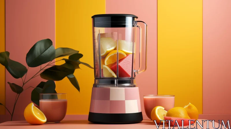 Pink Blender with Fruits and Glasses on Table AI Image