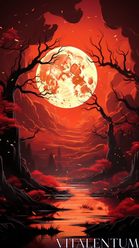 Red Moon Over Forest: Mysterious Landscape AI Image