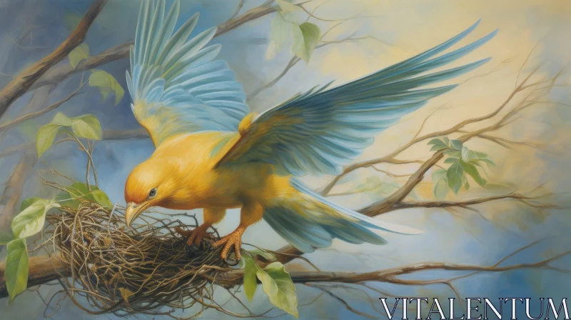 AI ART Yellow Bird Perched on Branch with Nest and Eggs