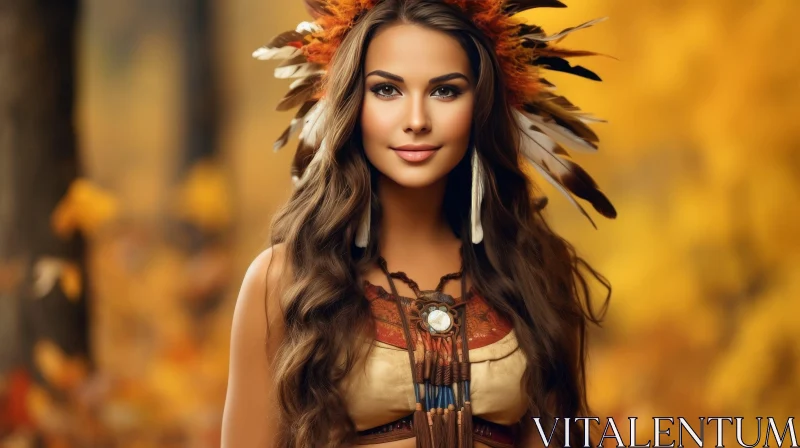 Young Woman in Native American Headdress in Forest AI Image