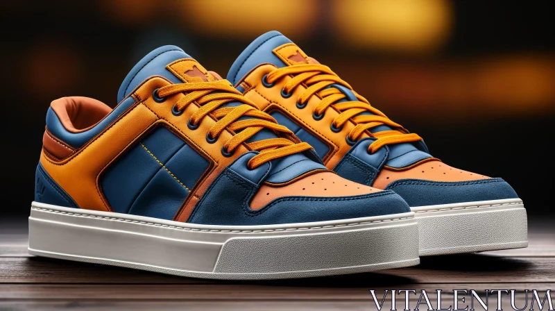 Blue and Orange Leather Sneakers on Wooden Surface AI Image