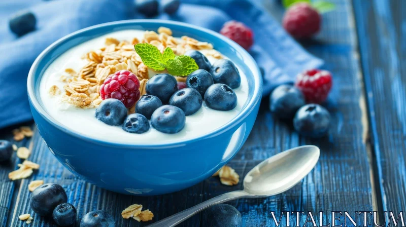 Blue Bowl of Yogurt with Berries and Granola AI Image