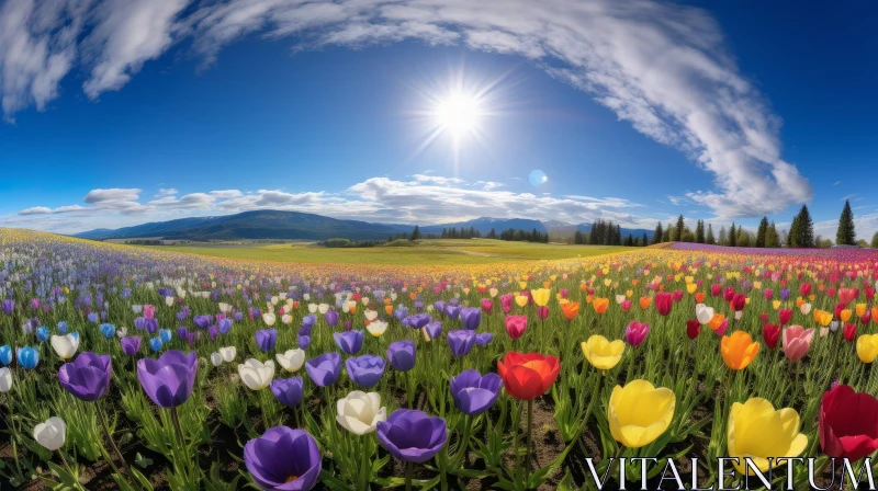 Colorful Tulip Field with Snowy Mountains - Nature's Beauty Captured AI Image