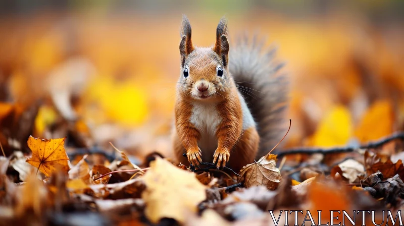 Curious Red Squirrel Portrait on Fallen Leaves AI Image