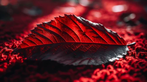 Detailed Red Leaf Close-up on Red Background