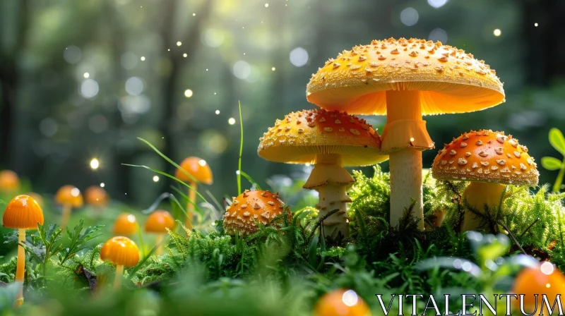 AI ART Enchanting Forest Scene with Orange Mushrooms and Sunlight