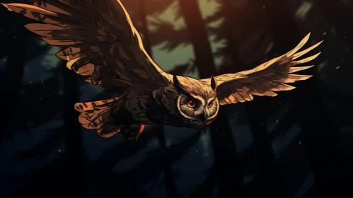 Enchanting Owl in Flight Through Dark Forest