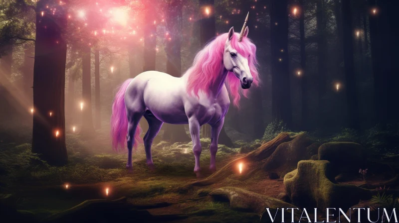 Enchanting Unicorn in Mysterious Forest AI Image