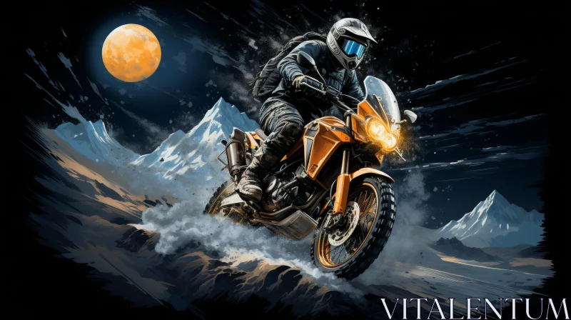 Motorcyclist Riding Through Mountain Pass | Night Adventure Digital Art AI Image