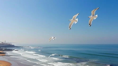 Seagulls Flying over Blue Ocean - Beautiful Nature Scene
