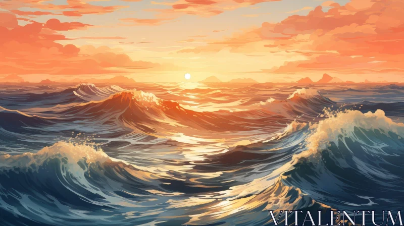 Serene Sunset Seascape Painting - Tranquil Ocean Waves AI Image
