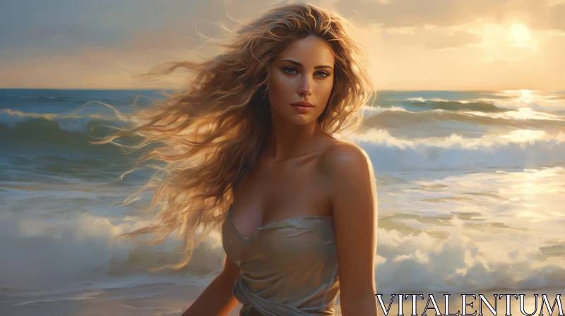 Serene Woman on Beach: A Captivating Moment in Golden Light AI Image