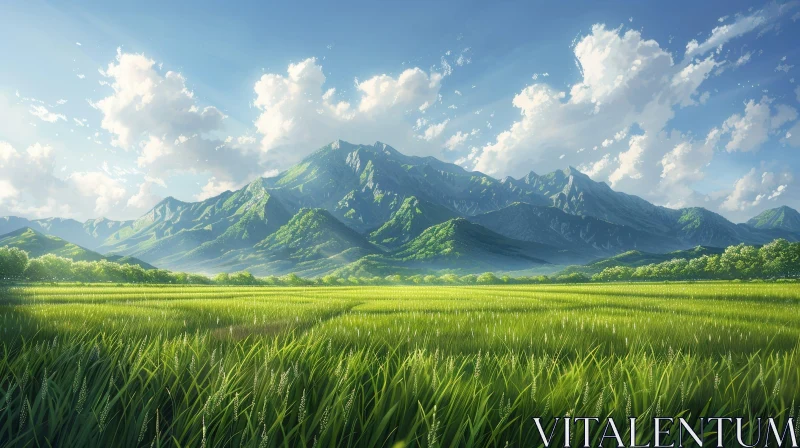 AI ART Tranquil Mountain Landscape with Green Field