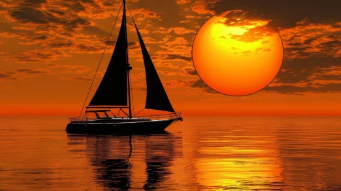 Tranquil Ocean Sunset with Sailboat Silhouette