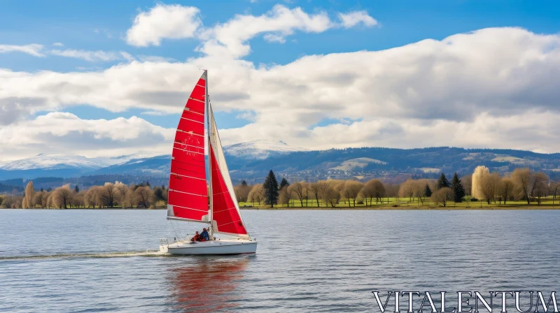 Tranquil Sailboat Scene on Lake with Red Sails AI Image