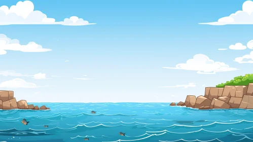 Tranquil Seascape Illustration: Blue Ocean & Rocky Shore | Cartoon Style