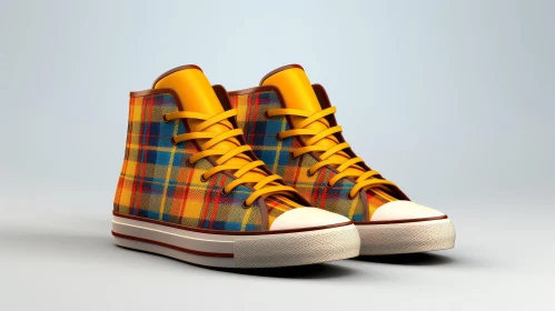 Trendy High-Top Sneakers with Yellow and Blue Plaid Pattern