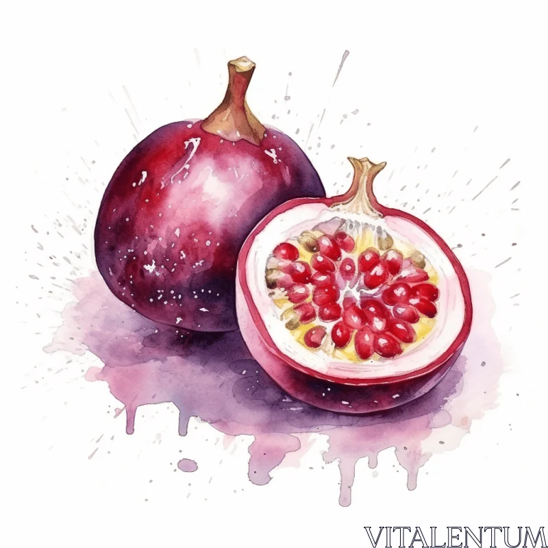 Watercolor Pomegranate Illustration on White Table Top AI Image