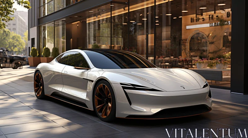 White Electric Car Parked in Front of Modern Glass Building AI Image