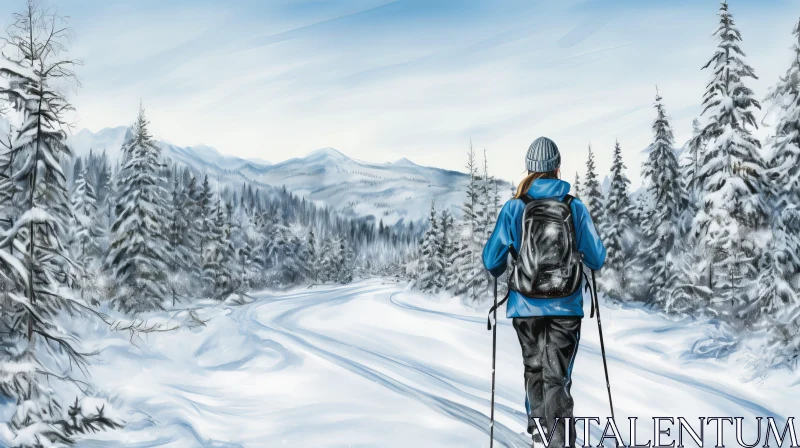 Winter Adventure: Cross-Country Skiing in Snowy Forest AI Image