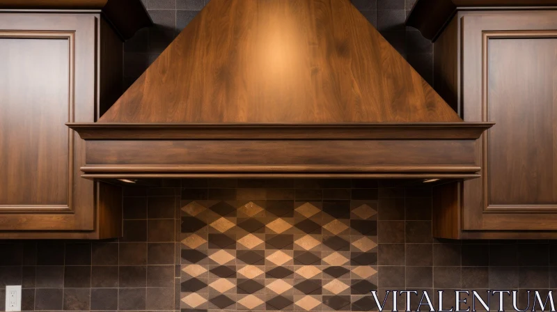 Wooden Kitchen Hood on Wall with Diamond Pattern Tiles AI Image