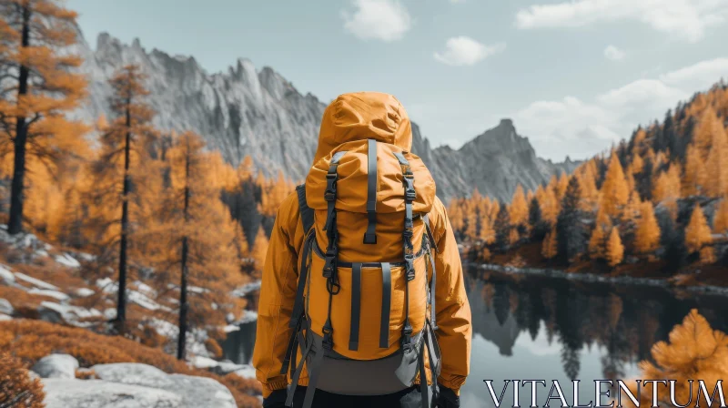 Autumn Mountain Lake Landscape with Person in Yellow Jacket AI Image