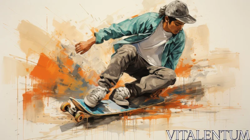 AI ART Dynamic Skateboarding Art - Young Man in Blue Shirt
