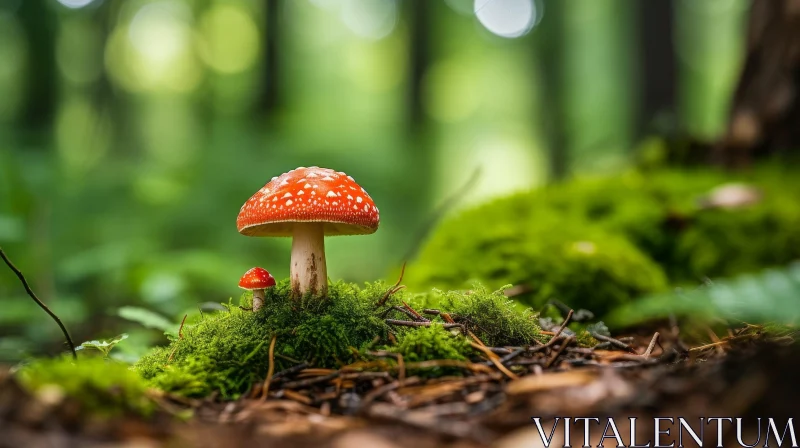 Enchanting Forest Scene with Red Mushrooms AI Image